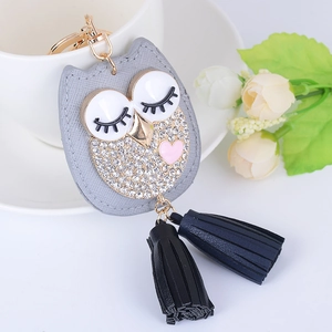 Porte-clés chouette en cuir gris avec strass et pompons colorés pour sac à main