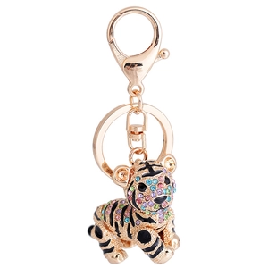 3D Tiger keychain with colorful rhinestones on golden alloy frame for women bags