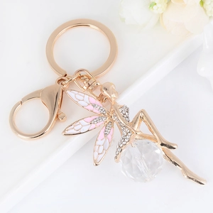 Exquisite angel keychain with pink enamel wings and faceted crystal ball pendant for women