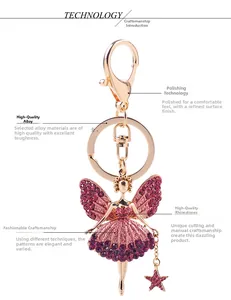 Detailed macro view of ballet girl keychain with pink rhinestones and rose gold plating