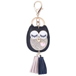 Porte-clés hibou en cuir étincelant avec pompons et quincaillerie dorée pour sacs