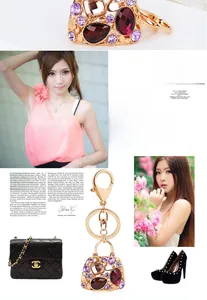 Detailed view of luxury handbag-shaped keychain with crystals and rose gold metal frame