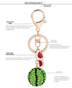 Detailed view of rhinestone-encrusted watermelon keychain with premium gold-plated alloy