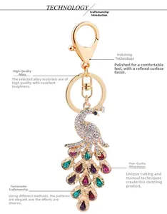 Macro view of crystal peacock keychain showing polished alloy and rhinestone details