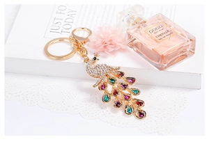Detailed macro view of colorful crystal peacock keychain with golden plating and rhinestones