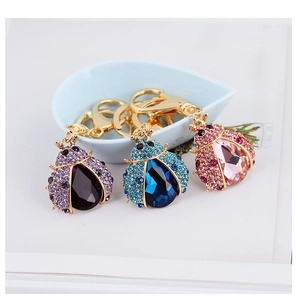 Detailed close-up of ladybug keychains in purple, blue and pink with crystal wings