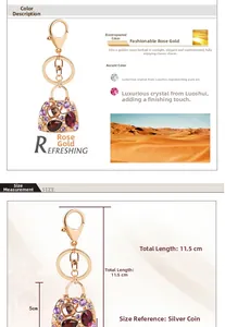 Macro view of rose gold handbag keychain with purple rhinestones and size dimensions