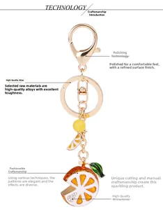 Close-up of sparkling rhinestone lemon pendant with polished gold alloy keychain ring