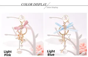 Detail view of light pink and light blue ribbon keychains with pearls and stars