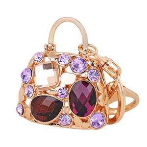 Luxury handbag keychain with purple and red rhinestones on gold alloy base