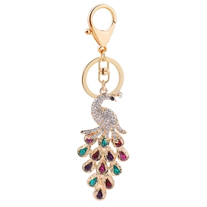 Peacock crystal keychain with colorful gemstones and white rhinestones on golden base