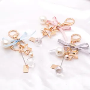 Korean Style Ribbon Bow Star Artificial Pearl Crystal Ball Keychain For Women Zinc Alloy Bag Pendant Charming Jewelry Accessory