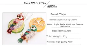 Détails du porte-clés hibou avec strass colorés et spécifications de 7,6cm x 3,7cm