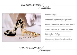 Detailed view of rhinestone alloy high heel keychain charm with black enamel floral design