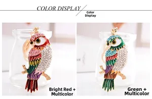 Détail de porte-clés chouette avec strass colorés et émail sur support en verre
