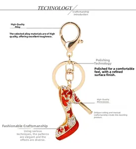 Detail view of high heel keychain with red enamel, sparkling crystals, and golden alloy finish