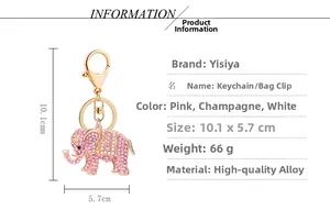 Detailed view of rhinestone elephant keychain charm with lobster clasp and sizing specs