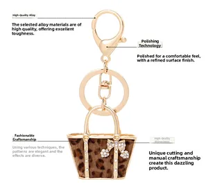 Detail view of leopard print bag keychain made of polished alloy and premium rhinestones