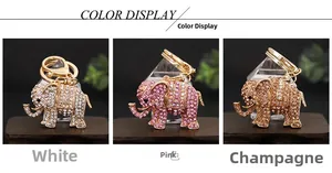 Detailed view of elephant keychains in white, pink, and champagne rhinestone finishes