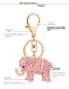 Detail of pink crystal elephant keychain featuring polished gold alloy and sparkling rhinestones