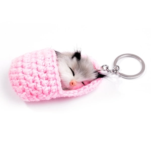 Pink knitted sleeping mouse plush keychain with grey faux fur cat and silver metal ring