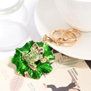 Exquisite green frog on lily pad keychain with sparkling emerald crystals in gold finish