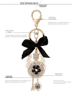 Detailed view of camellia alloy keychain with black bow, rhinestones and pearls decoration