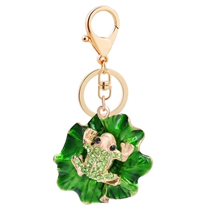 Golden alloy frog on lotus leaf keychain with green crystals and enamel coating