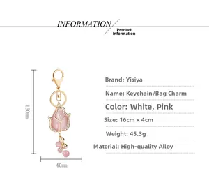 Detailed view of pink opal tulip keychain with size measurements and golden alloy frame