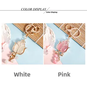Detailed comparison of pink and white opal tulip keychains with shiny crystal accents