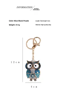 Detail view of owl keychain with blue crystals and alloy plating for fashion accessories