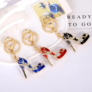 Sparkly rhinestone stiletto high heel keychain in red blue and black enamel alloy