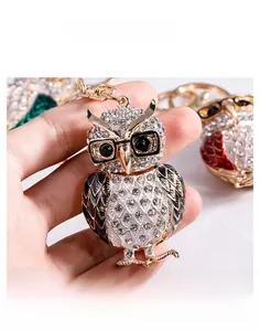 Gros plan du porte-clés hibou avec strass brillants et détails de lunettes