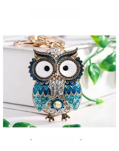 Macro detail of diamond owl keychain with blue enamel and sparkling rhinestones