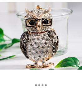 Vue détaillée du porte-clés hibou avec strass étincelants et détails en émail marron