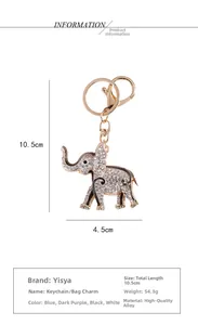 Detailed view of rhinestone elephant keychain with dimensions and alloy material specs