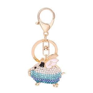 Creative flying pig keychain with gradient blue crystals and gold plated alloy