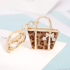 Fashion Alloy Leopard Print Handbag Keychain Rhinestone Bow Bag Charm Gold Plated Metal Pendant Women Gift Accessory