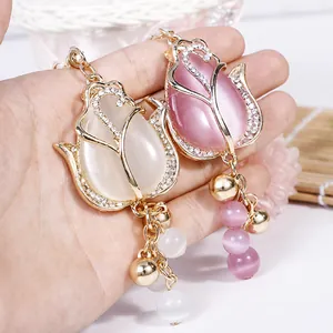 Elegant Tulip Cat's Eye Stone Keychain Alloy Rhinestone Flower Bag Pendant For Women Jewelry Gift Cream Light Pink