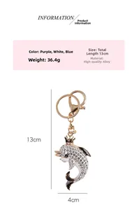 Detailed size specifications of the crown dolphin alloy keychain with rhinestone inlay