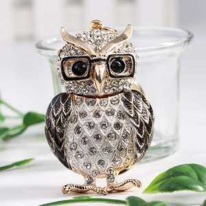 Porte-clés hibou créatif avec lunettes, alliage doré et cristaux blancs brillants