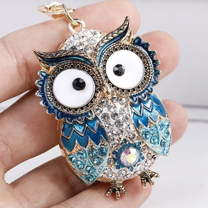 Creative owl keychain with gradient blue enamel and sparkling crystal rhinestones
