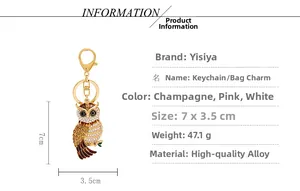 Spécifications détaillées du porte-clés hibou en strass en couleurs champagne et rose