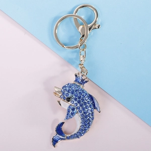 Blue rhinestone dolphin keychain with gold crown and lobster clasp for bag decoration