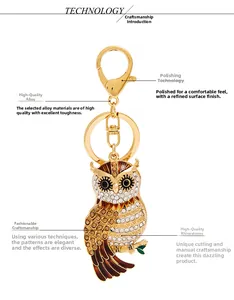 Détail du porte-clés hibou avec strass brillants et finition en alliage doré chic