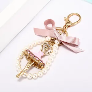Porte-Clés Ballerine Élégant Avec Nœud En Satin Et Fausse Künstliche Perle Alliage Pendentif De Sac Pour Femmes Filles Bijoux Cadeau