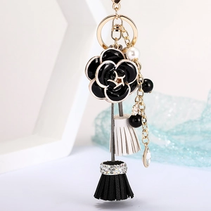 Porte-Clés Élégant Fleur de Camélia avec Gland en Cuir PU Fausse Künstliche Perle Strass Alliage d'Or Bijou de Sac pour Femme