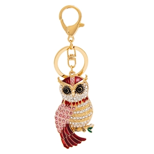 Porte-clés hibou luxueux avec strass et émail rouge pour sacs à main élégants