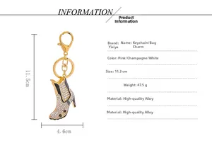 Detailed view of high heel boot keychain with rhinestones and measurement annotations