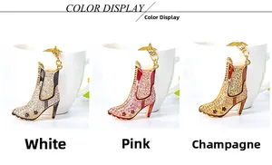 Detailed close-up of crystal high heel boot keychains in white, pink and champagne